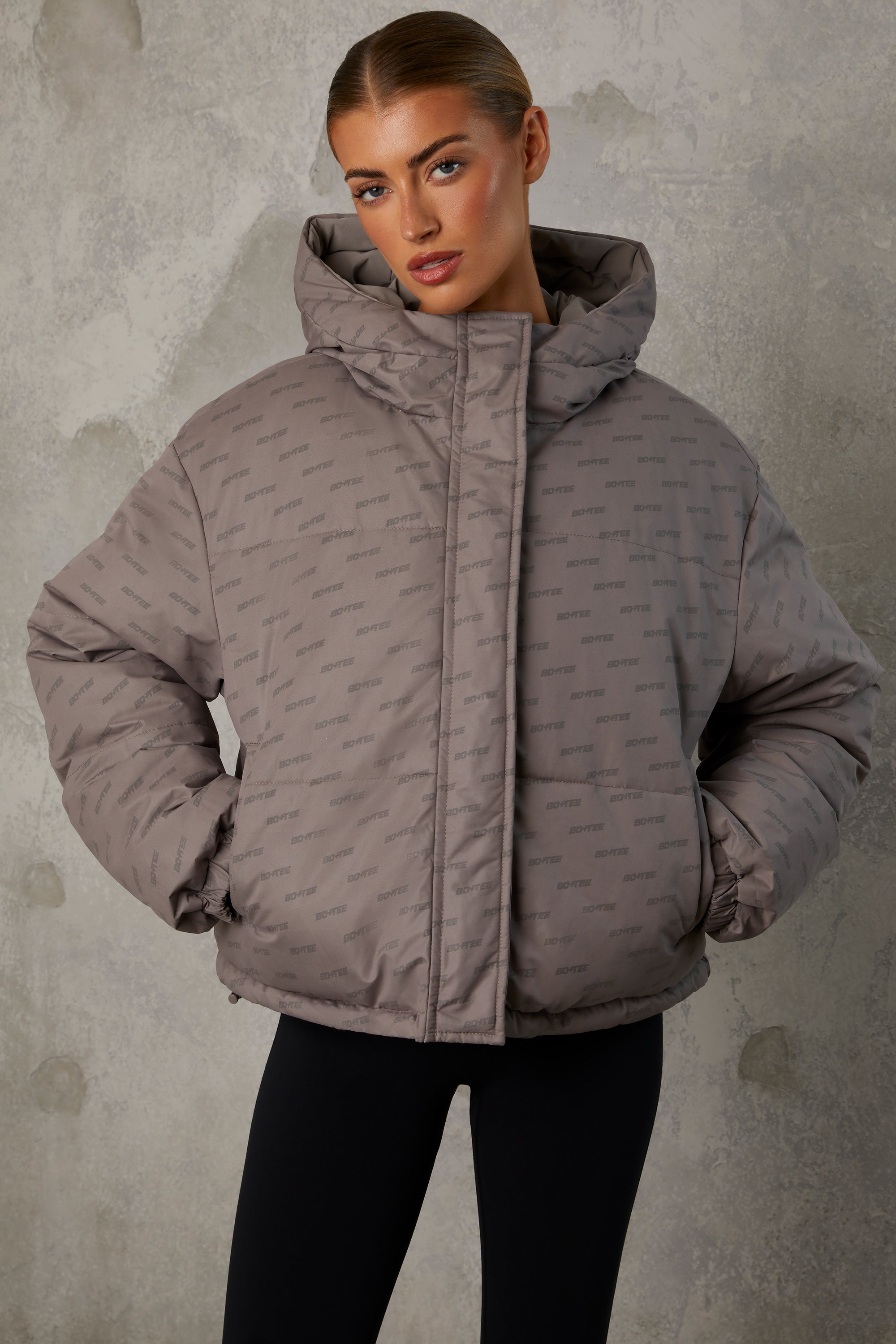 Reversible Hooded Puffer Jacket in Warm Grey