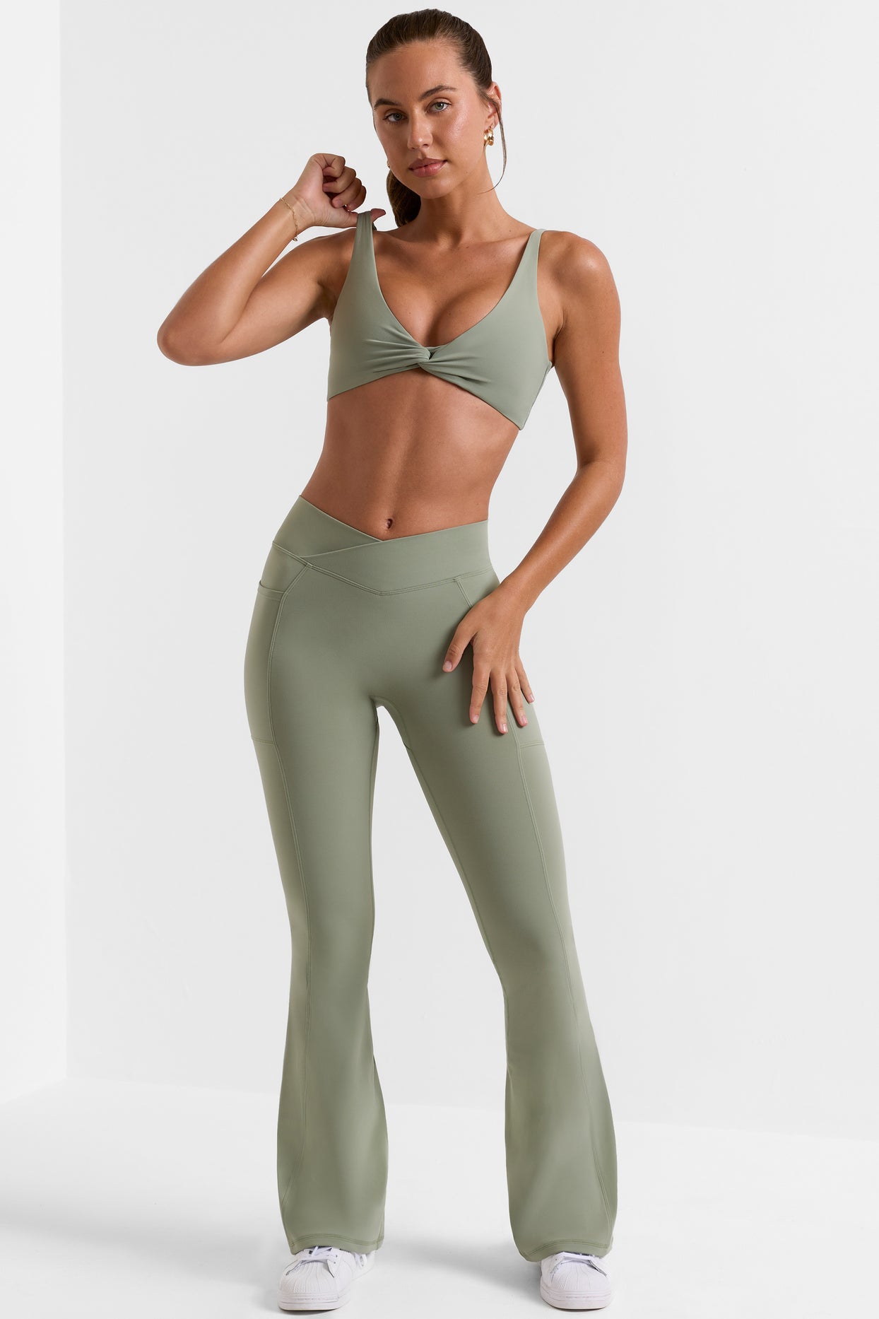 Petite Cross Waistband Flare Pocket Leggings in Bamboo Green