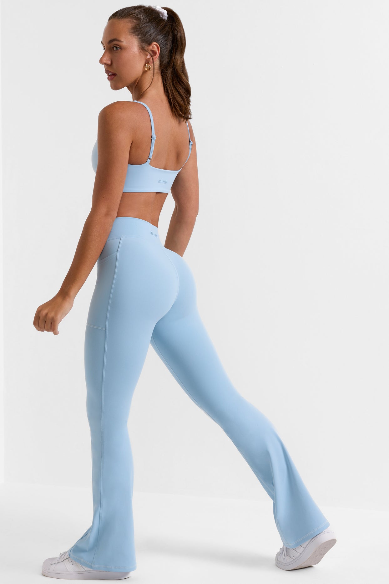 Petite Cross Waistband Flare Pocket Leggings in Ice Blue