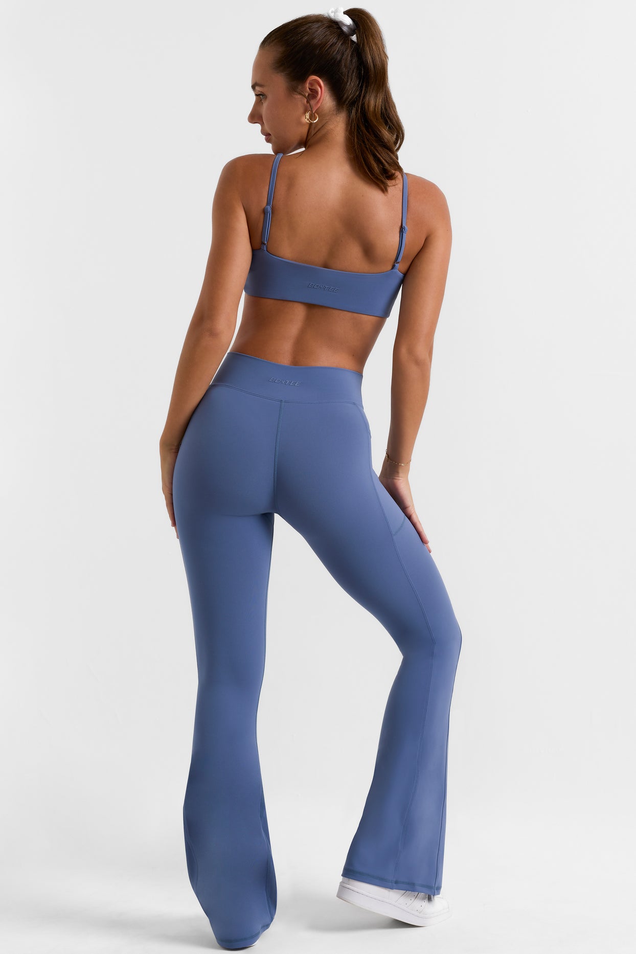 Petite Cross Waistband Flare Pocket Leggings in Slate Blue