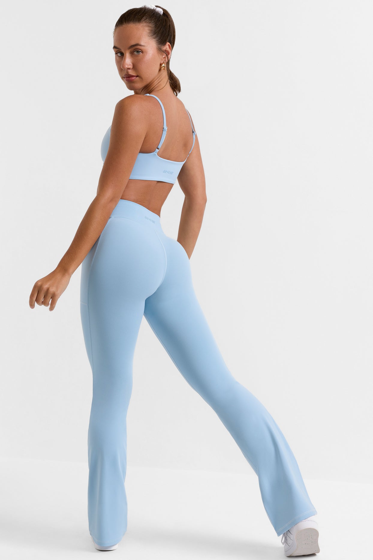 Petite Cross Waistband Flare Pocket Leggings in Ice Blue