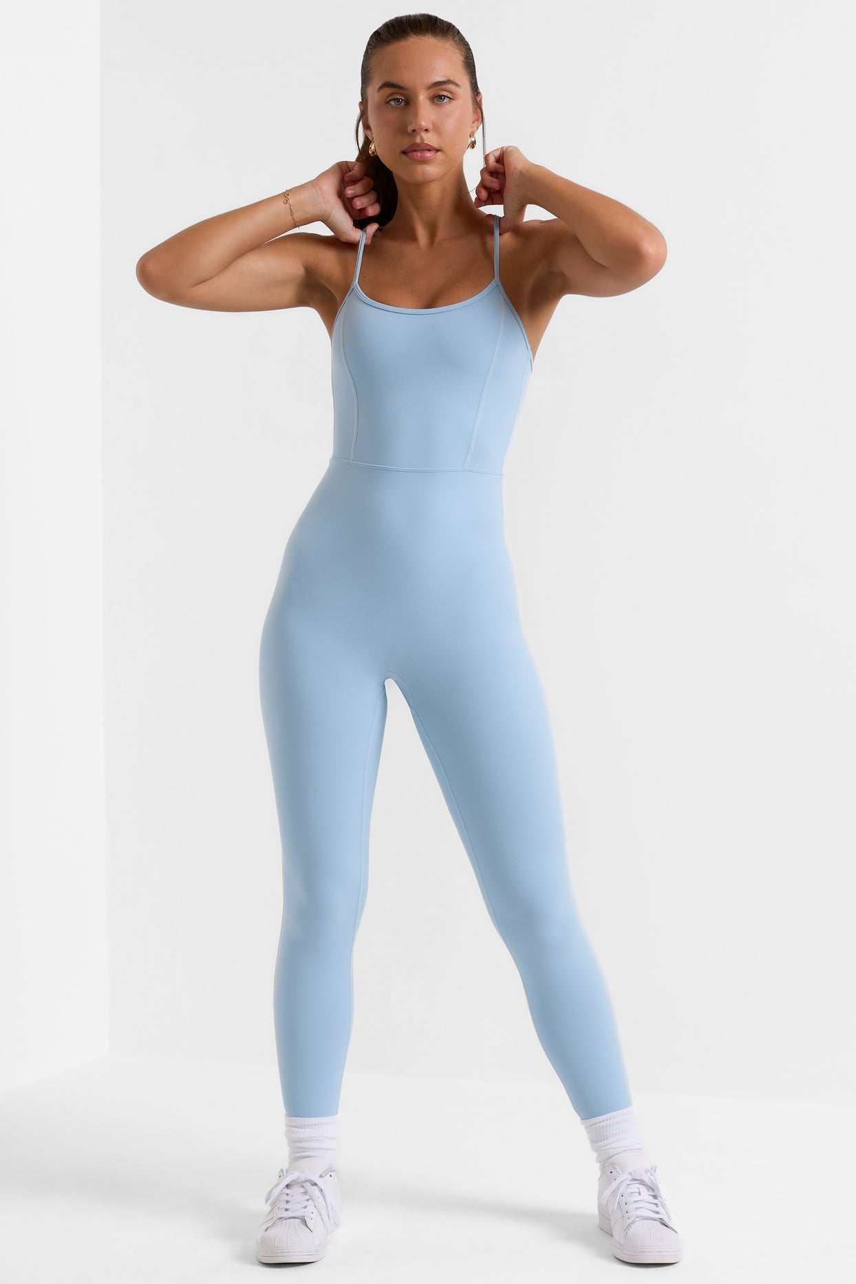 Petite Open Back Full Length Unitard in Ice Blue