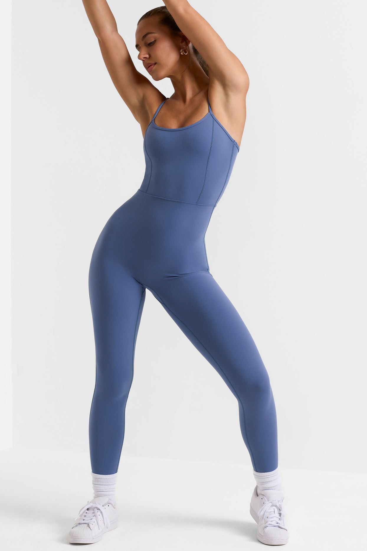 Petite Open Back Full Length Unitard in Slate Blue