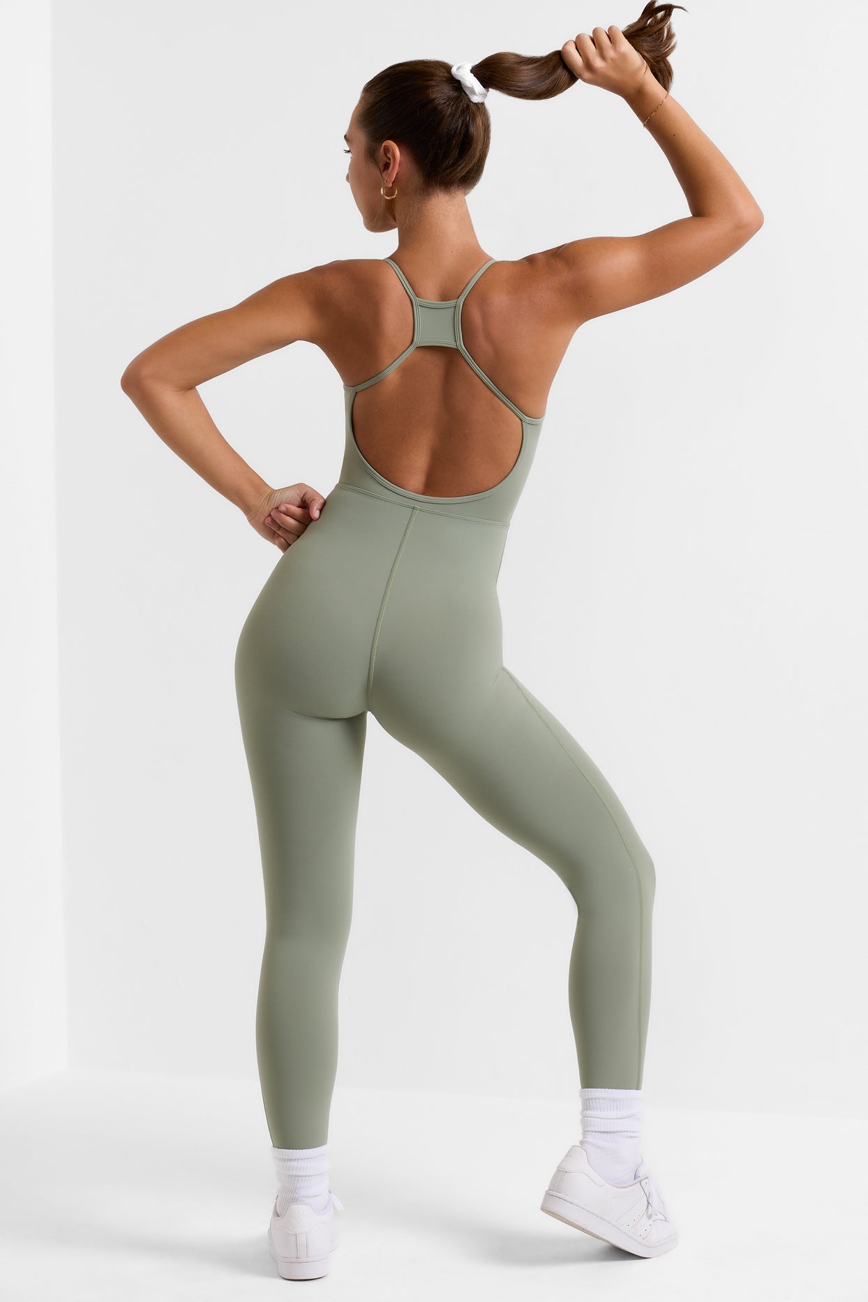 Petite Open Back Full Length Unitard in Bamboo Green