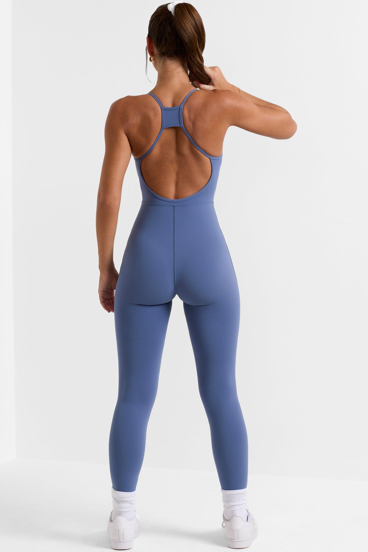 Petite Open Back Full Length Unitard in Slate Blue