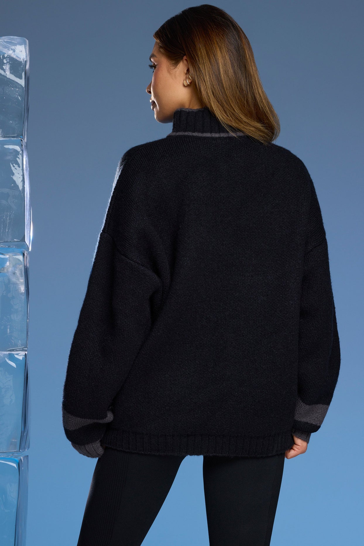 Oversized Half Zip Chunky Knit Jumper in Black