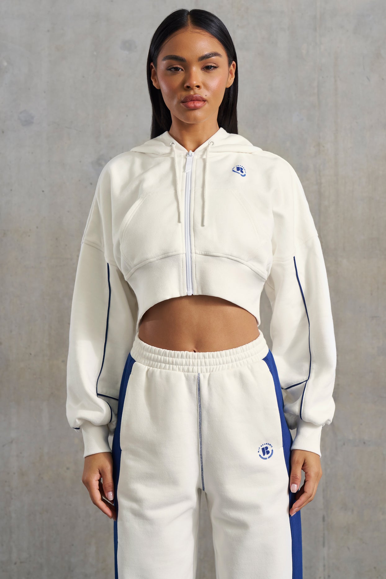 Waffle Lined Cropped Zip Up Hooded Jacket in White