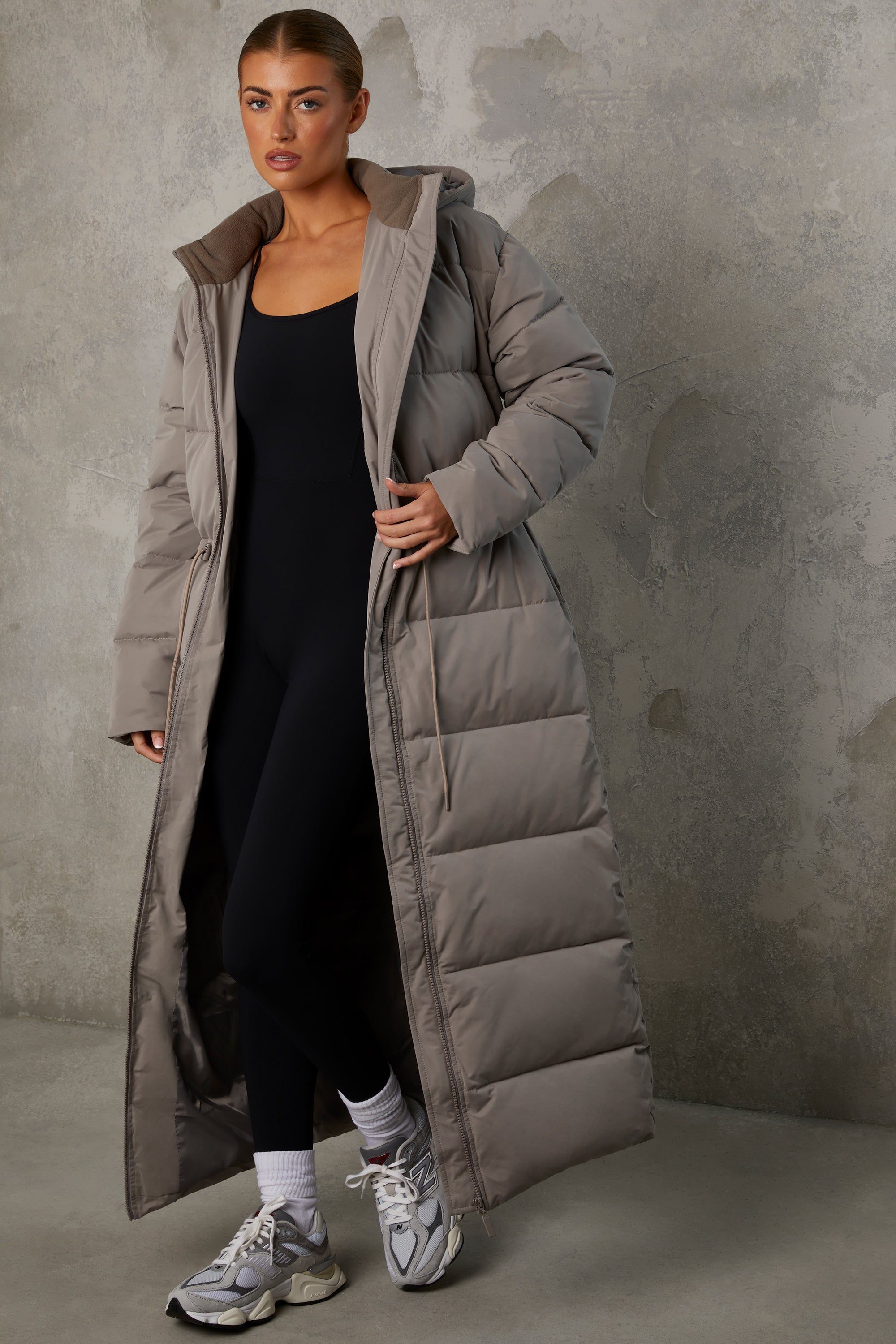 Full Length Hooded Puffer Coat in Warm Grey