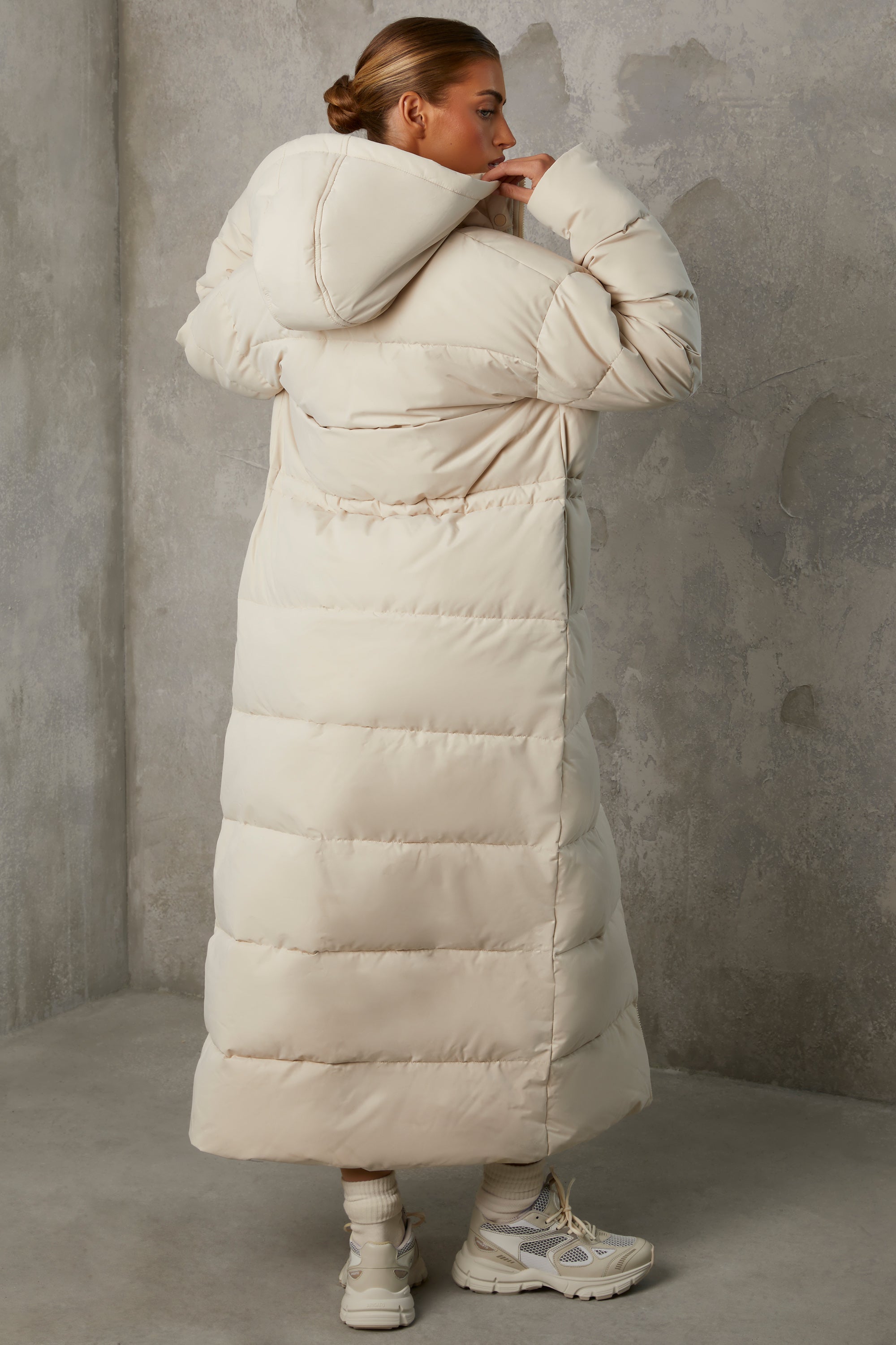 Full Length Hooded Puffer Coat in Sand