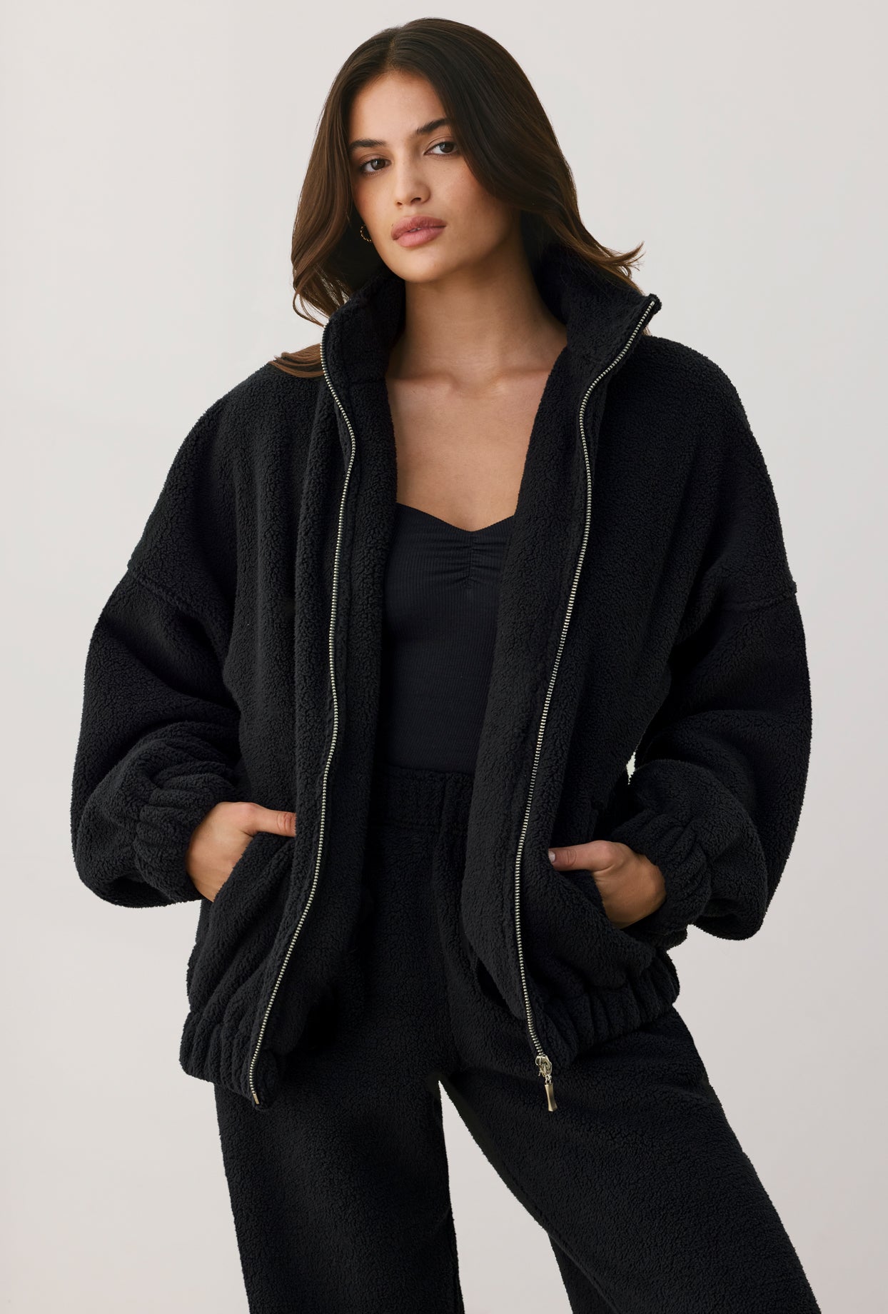 Oversized Fleece Zip Up Jacket in Onyx