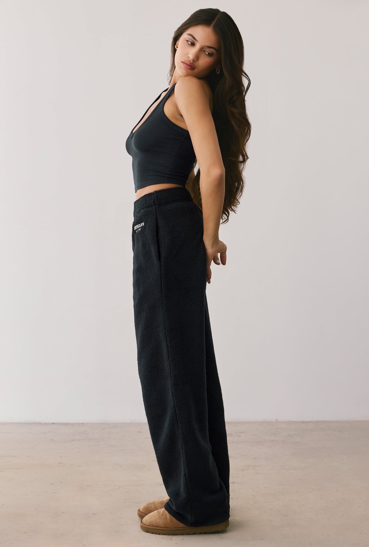 Fleece Wide Leg Joggers in Onyx