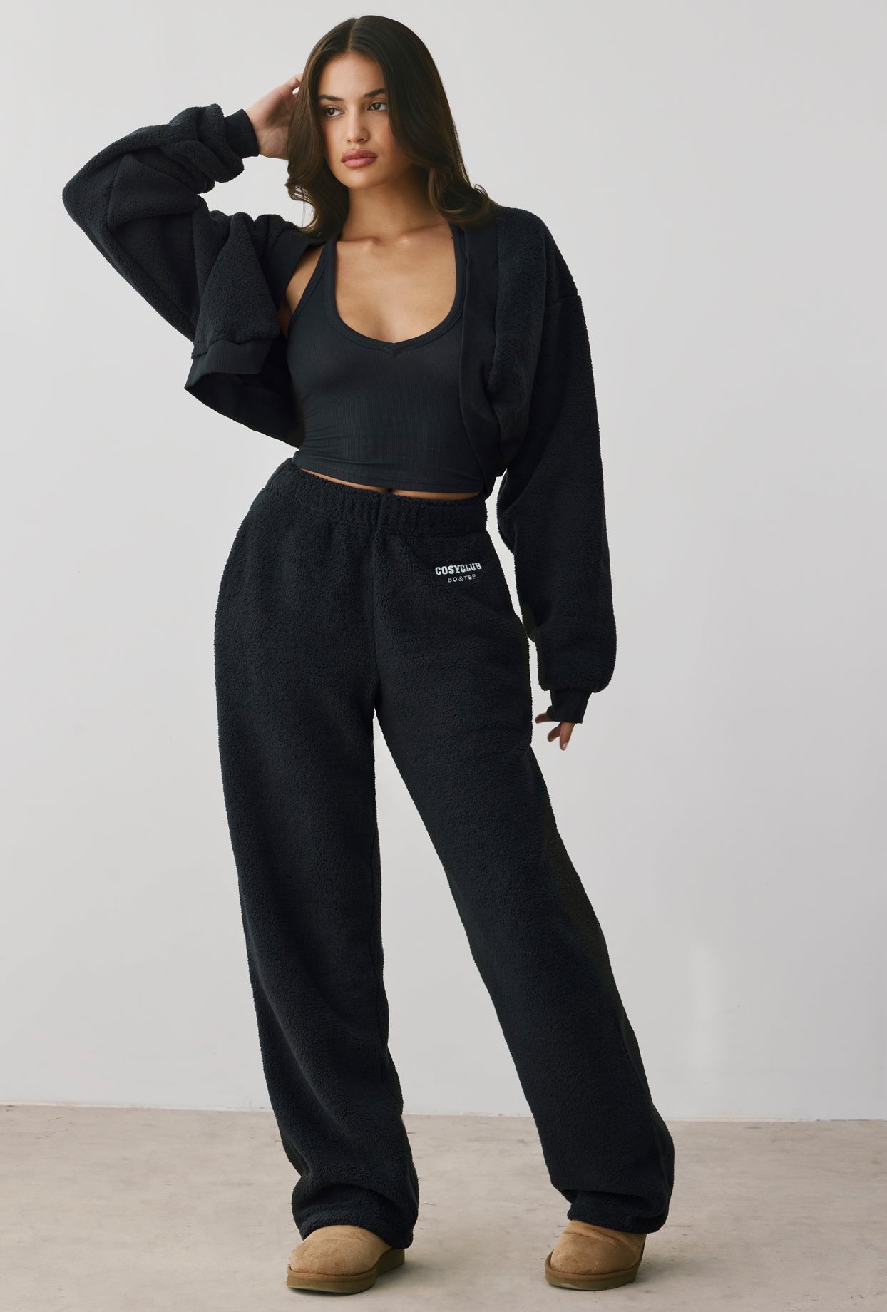 Petite Fleece Wide Leg Joggers in Onyx - 1