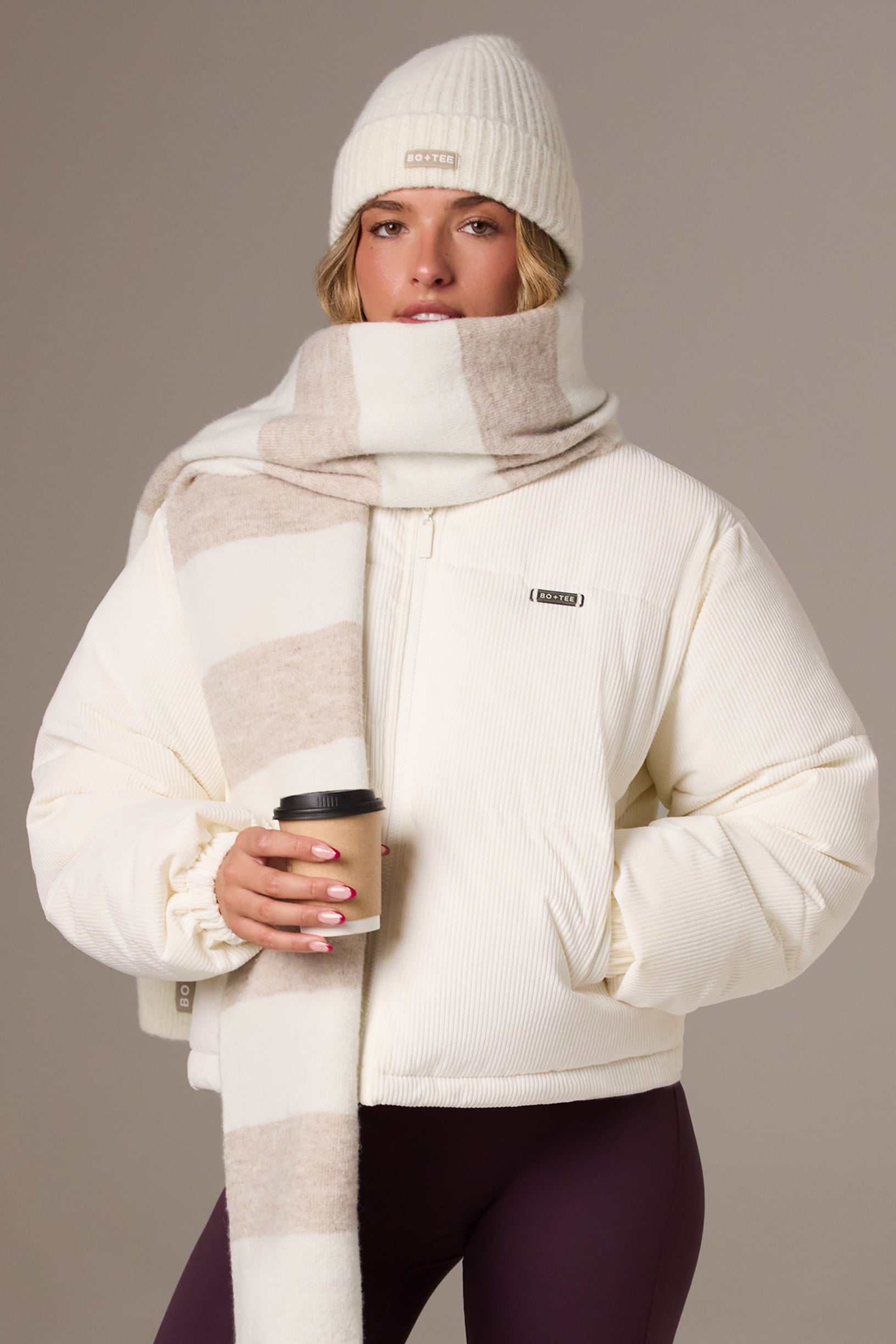 Corduroy Quilted Puffer Jacket in Ivory - 1