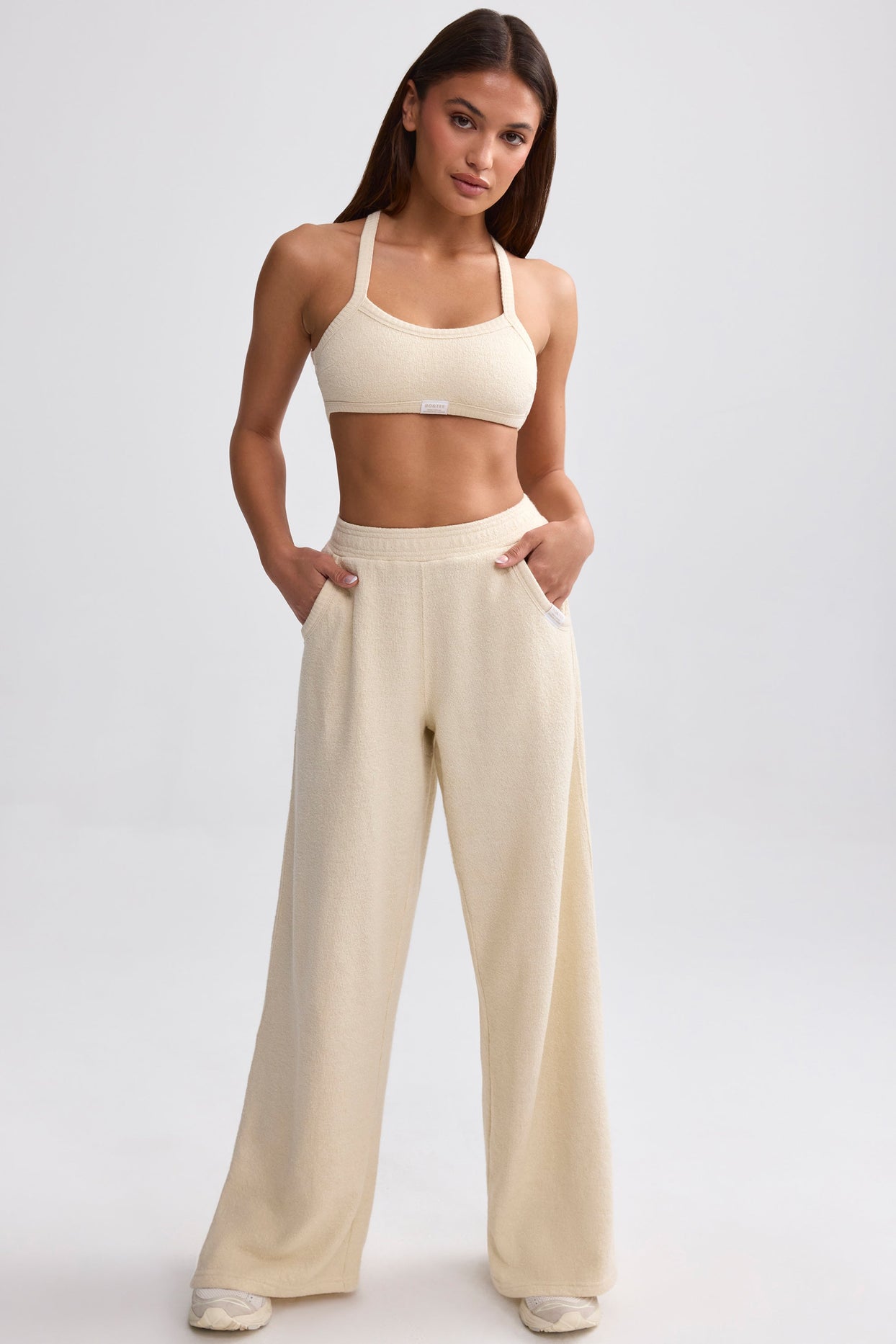 Petite Terry Towelling Wide-Leg Joggers in Cream
