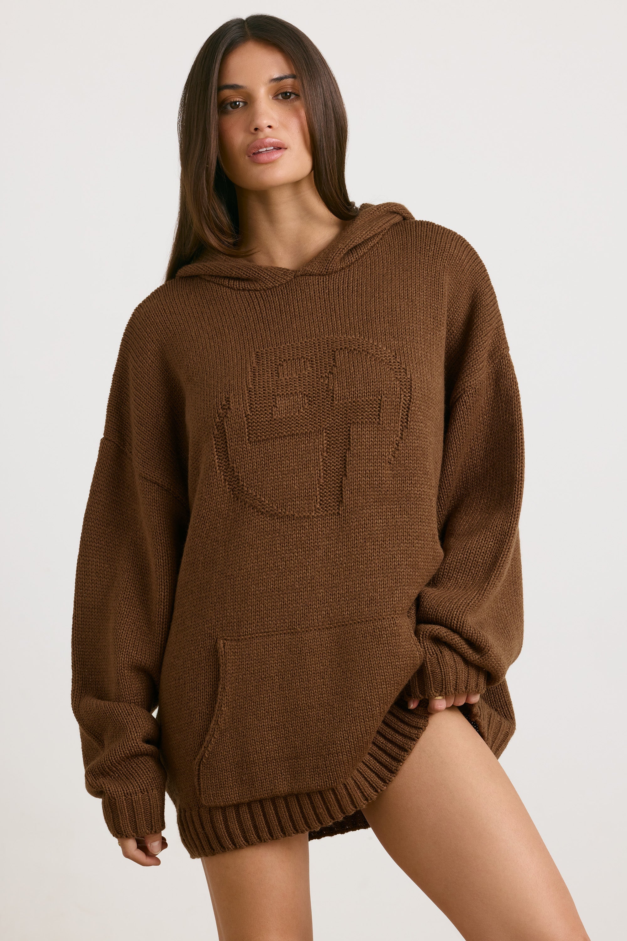 Boyfriend Oversized Chunky Knit Hoodie in Espresso Oh Polly