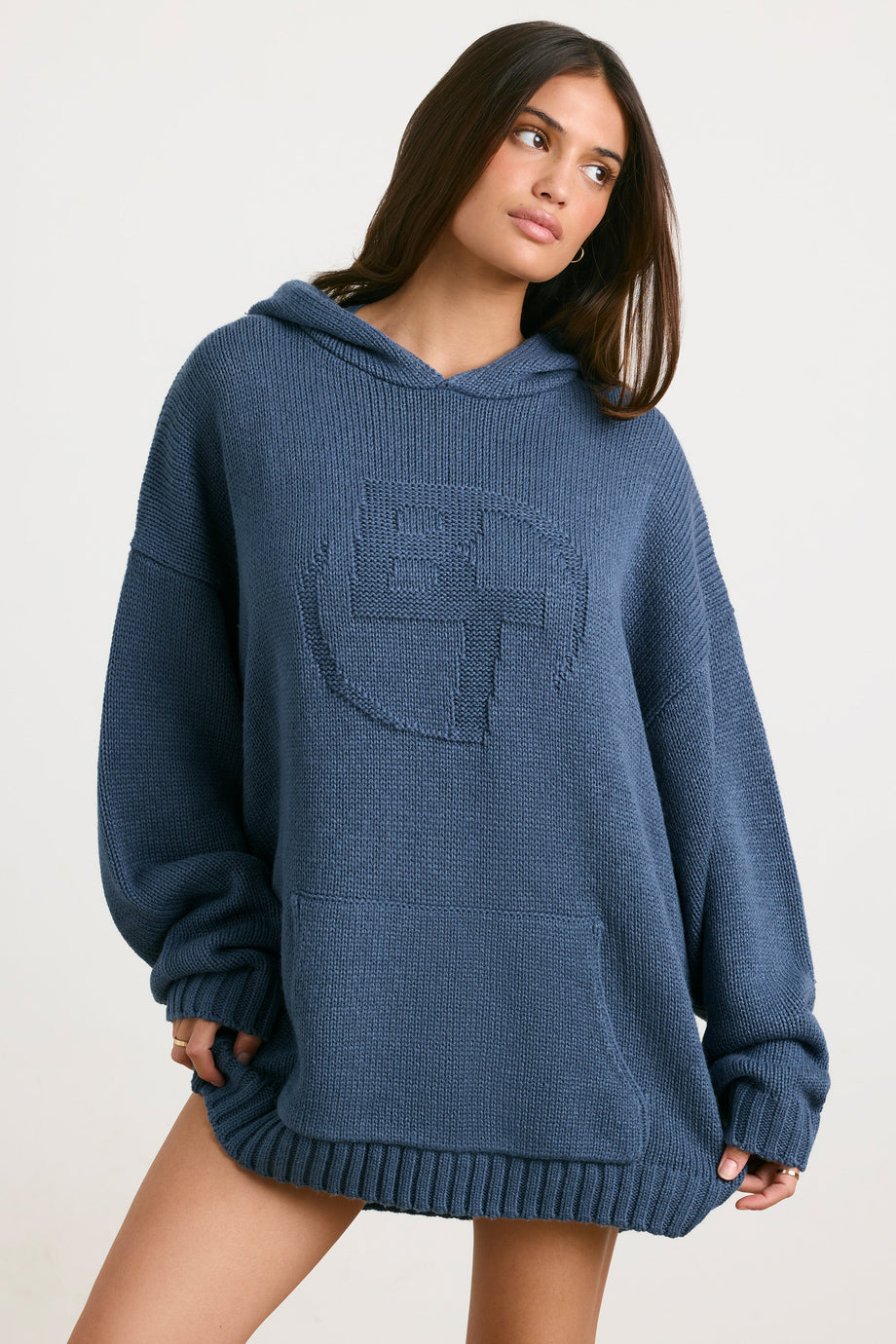 Oversized Chunky Knit Hoodie in Washed Navy