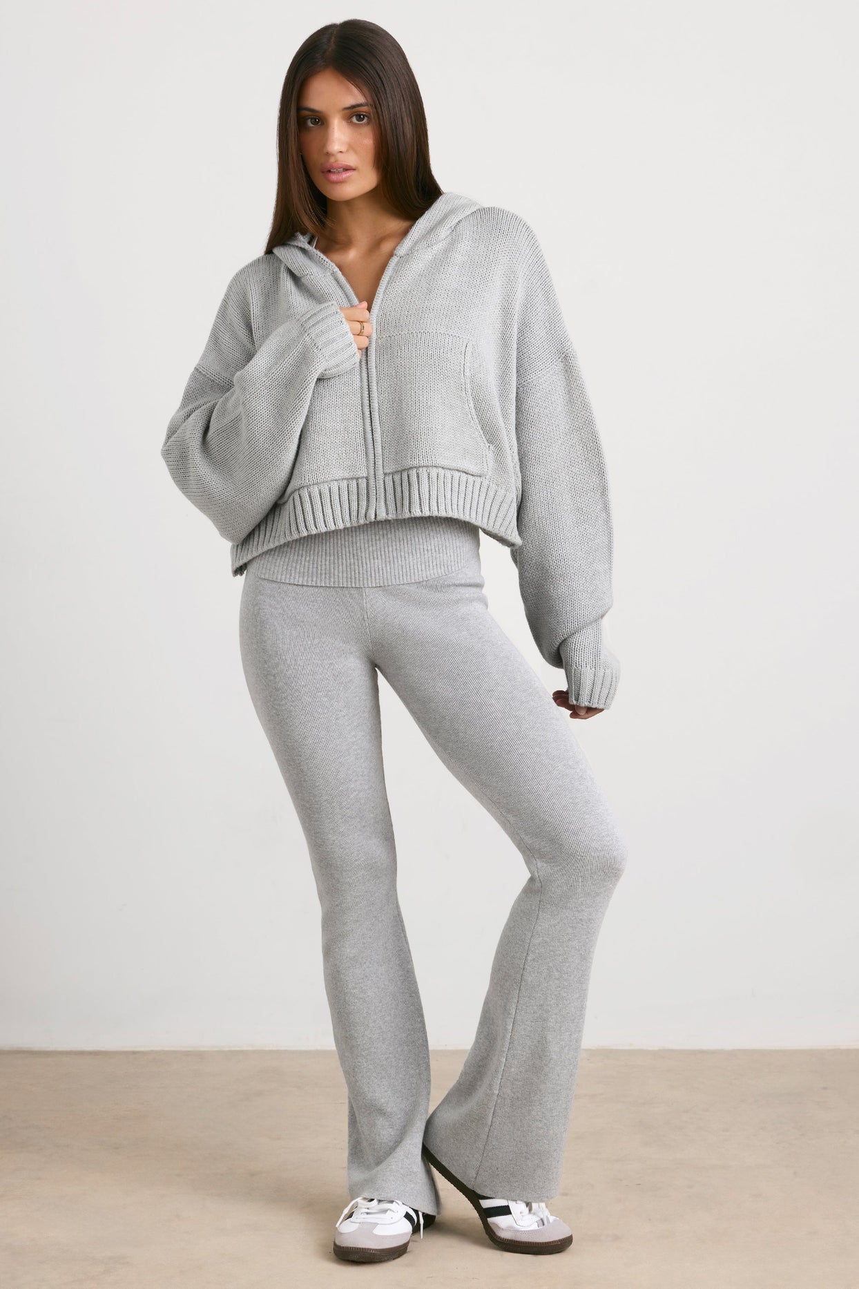 Cropped Zip Up Chunky Knit Hoodie in Heather Grey