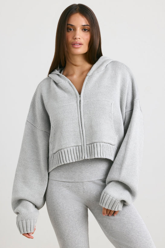 Cropped Zip Up Chunky Knit Hoodie in Heather Grey