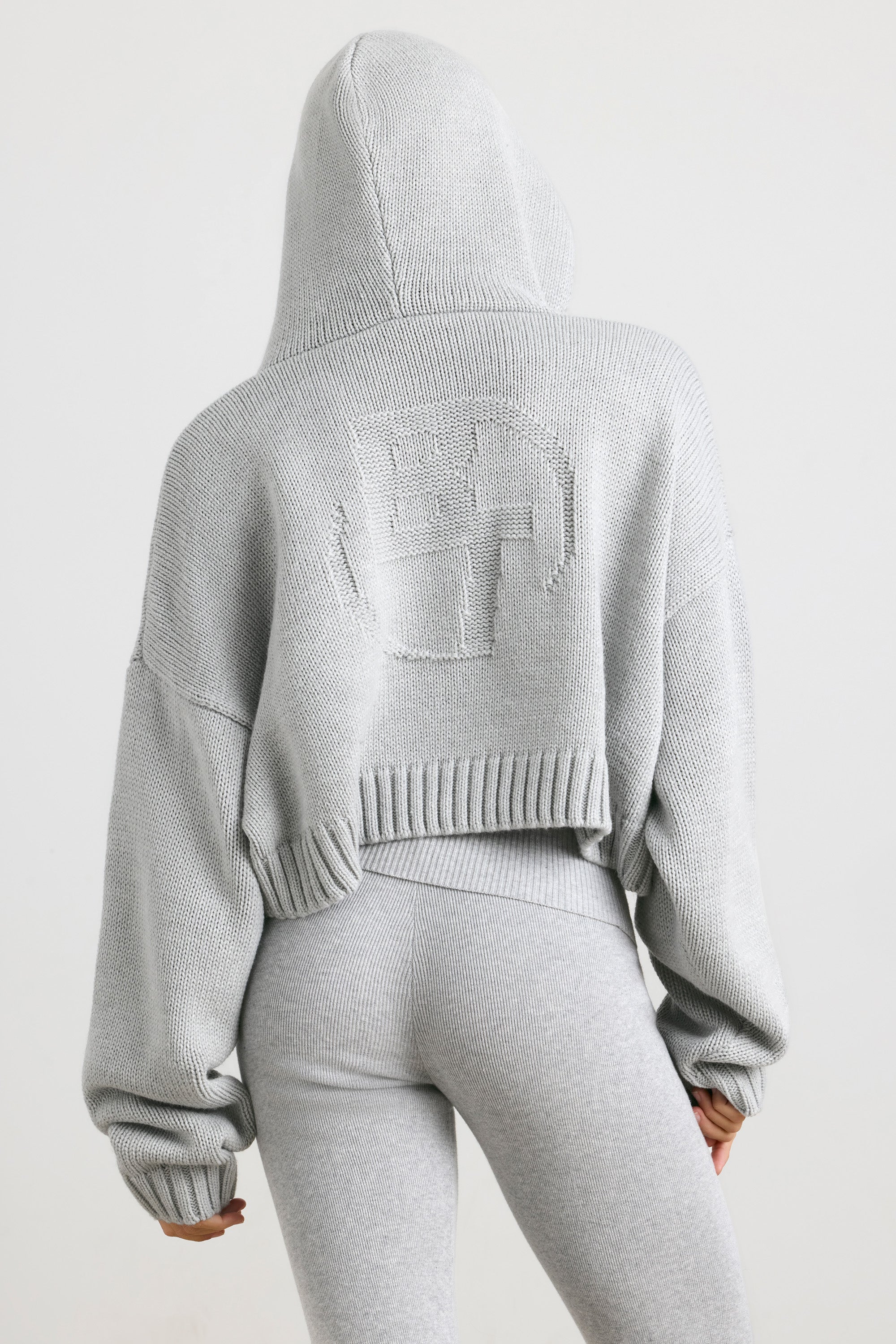 Cropped Zip Up Chunky Knit Hoodie in Heather Grey - 2