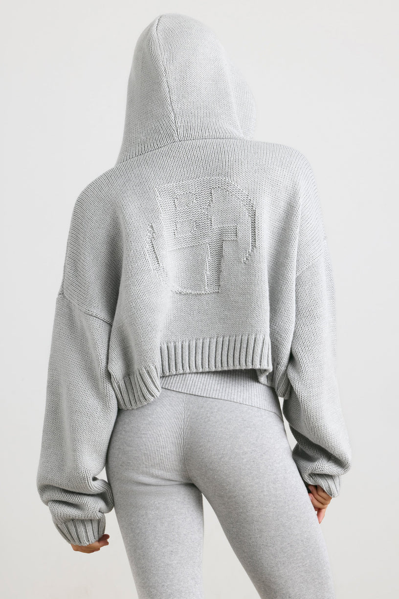 Cropped Zip Up Chunky Knit Hoodie in Heather Grey - 2
