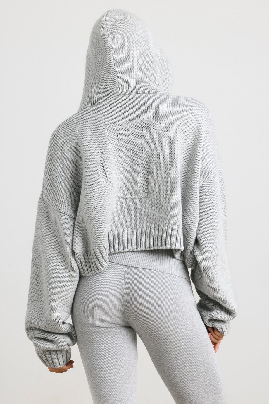 Cropped Zip Up Chunky Knit Hoodie in Heather Grey