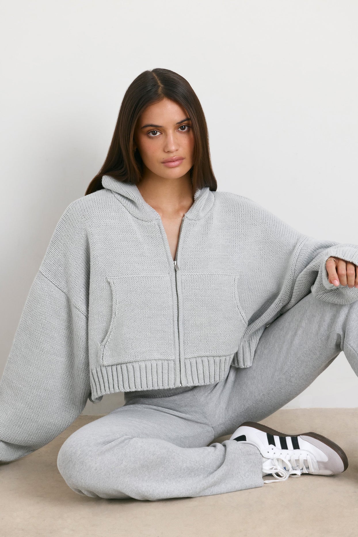 True Cropped Zip Up Chunky Knit Hoodie in Heather Grey Oh Polly