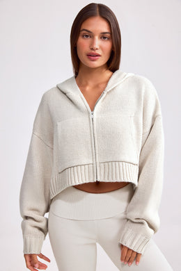 Cropped Zip-Up Chunky Knit Hoodie in Cream