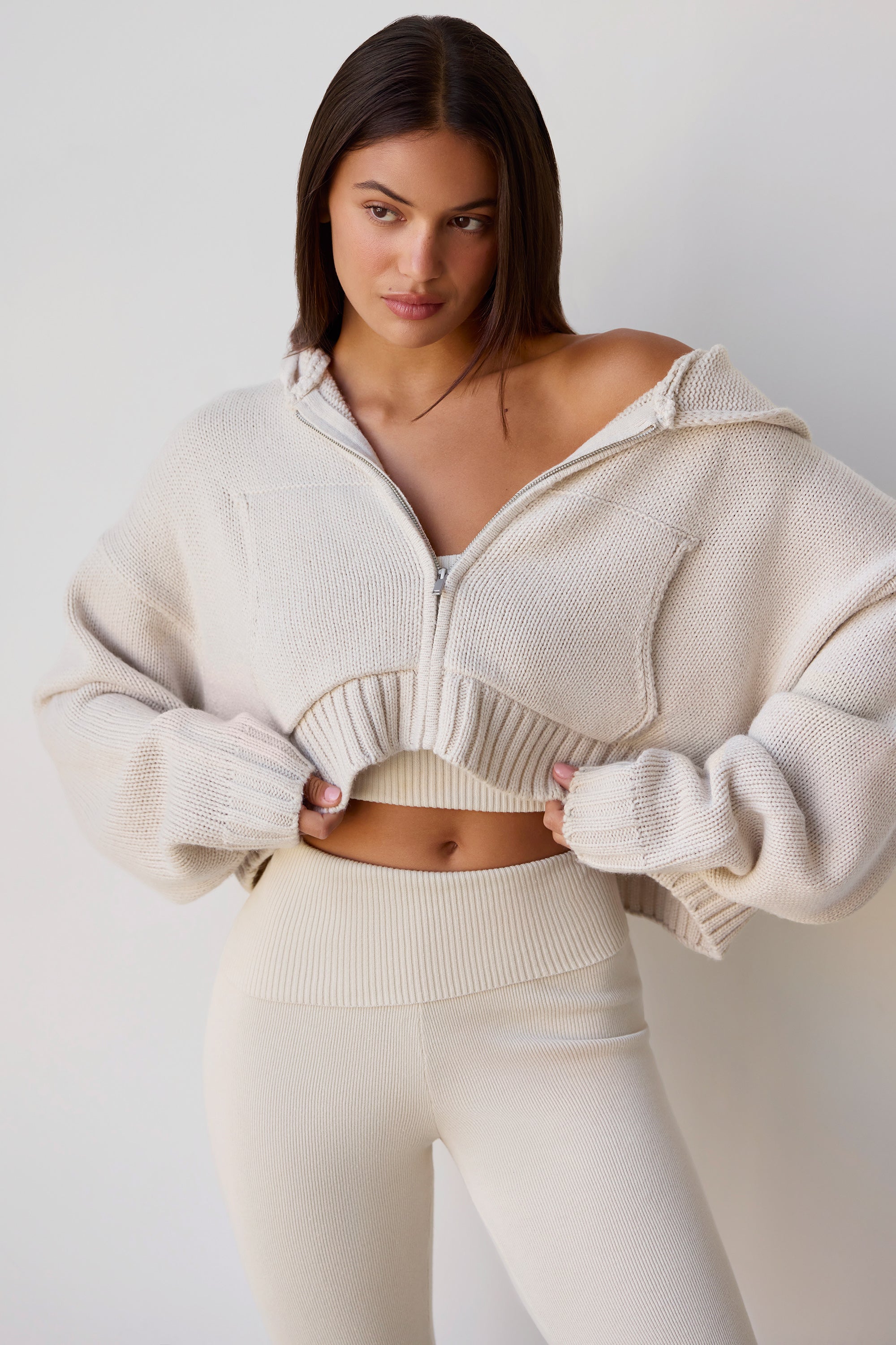 Cropped Zip-Up Chunky Knit Hoodie in Cream | Bo\u0026Tee – Oh Polly AU