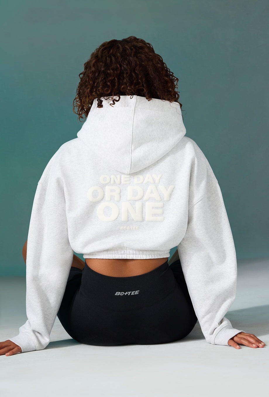 Cropped Drawstring Hooded Sweatshirt in Ice Grey