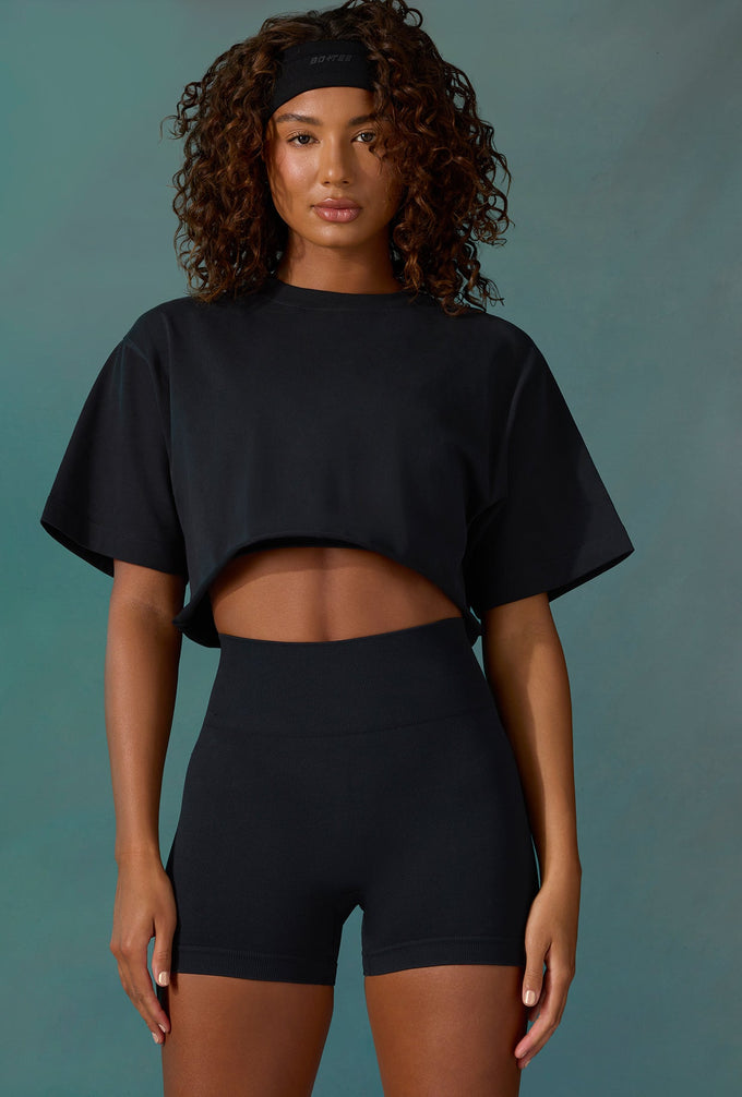 Cotton Cropped Oversized T-Shirt in Black