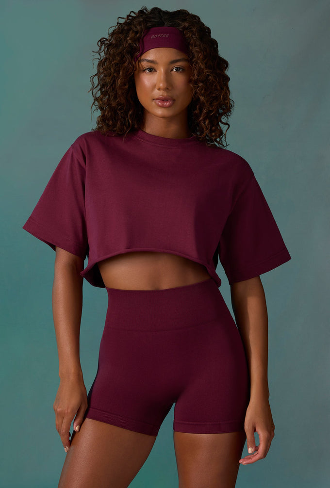 Cotton Cropped Oversized T-Shirt in Plum
