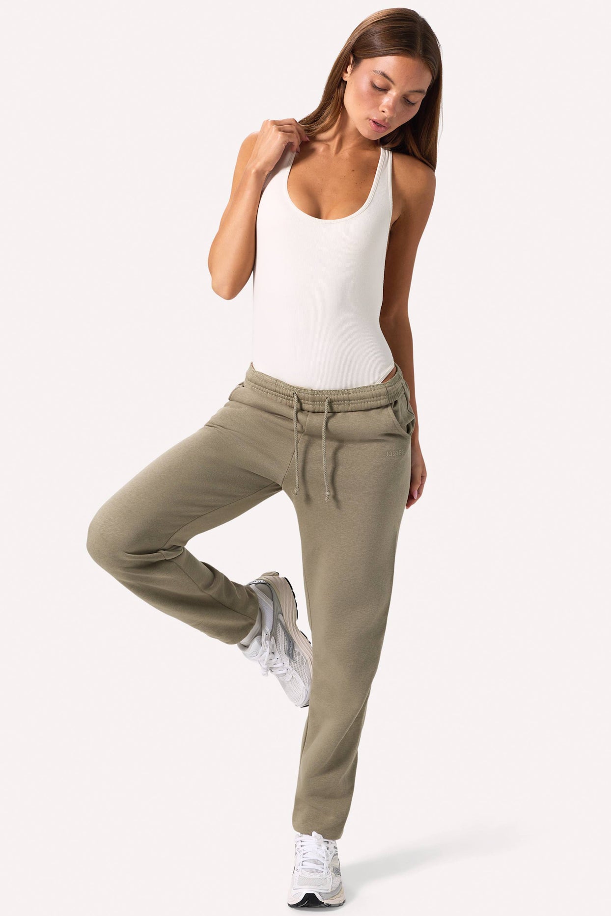 Cotton Fleece Mid-Rise Joggers in Khaki Green - 1