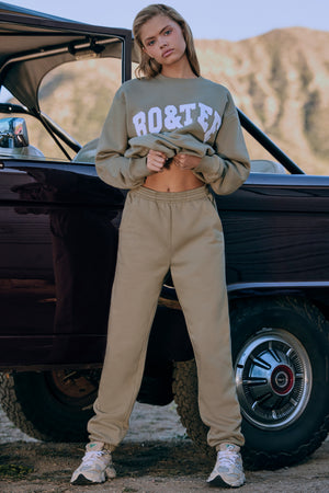 Cotton Fleece Mid-Rise Joggers in Khaki Green