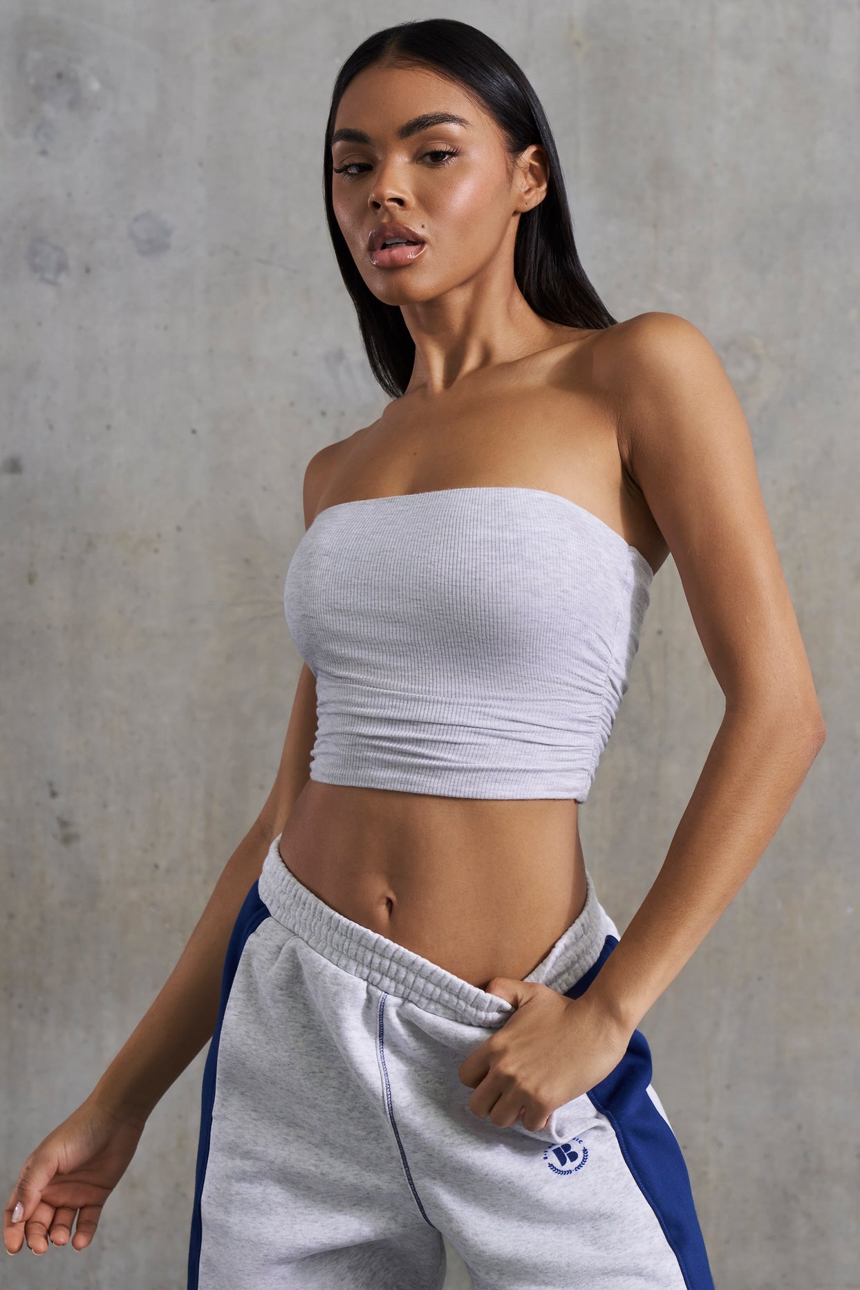 Soft Rib Ruched Bandeau Top in Heather Grey