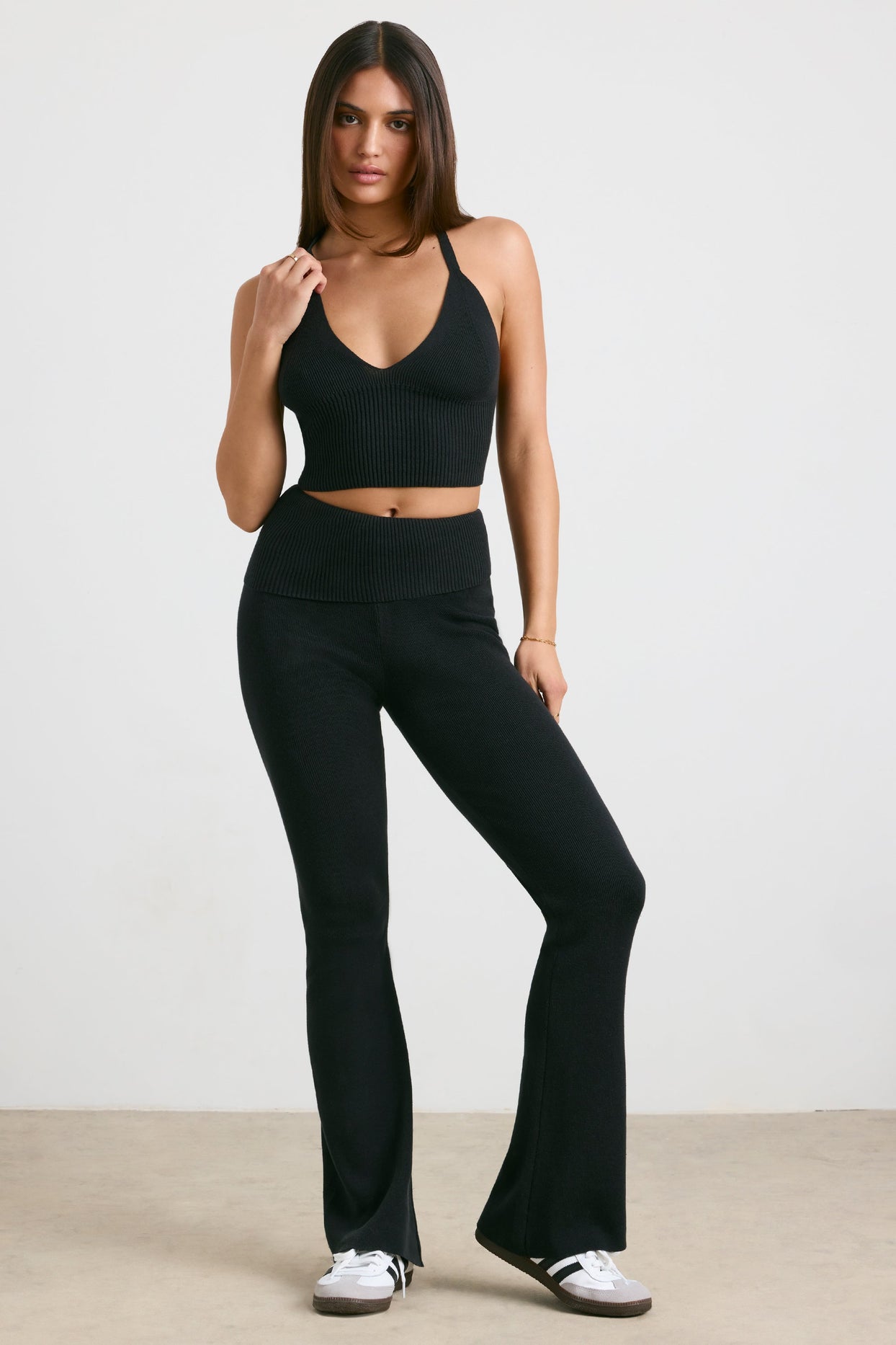 Petite Chunky Knit Kick Flare Trousers in Black