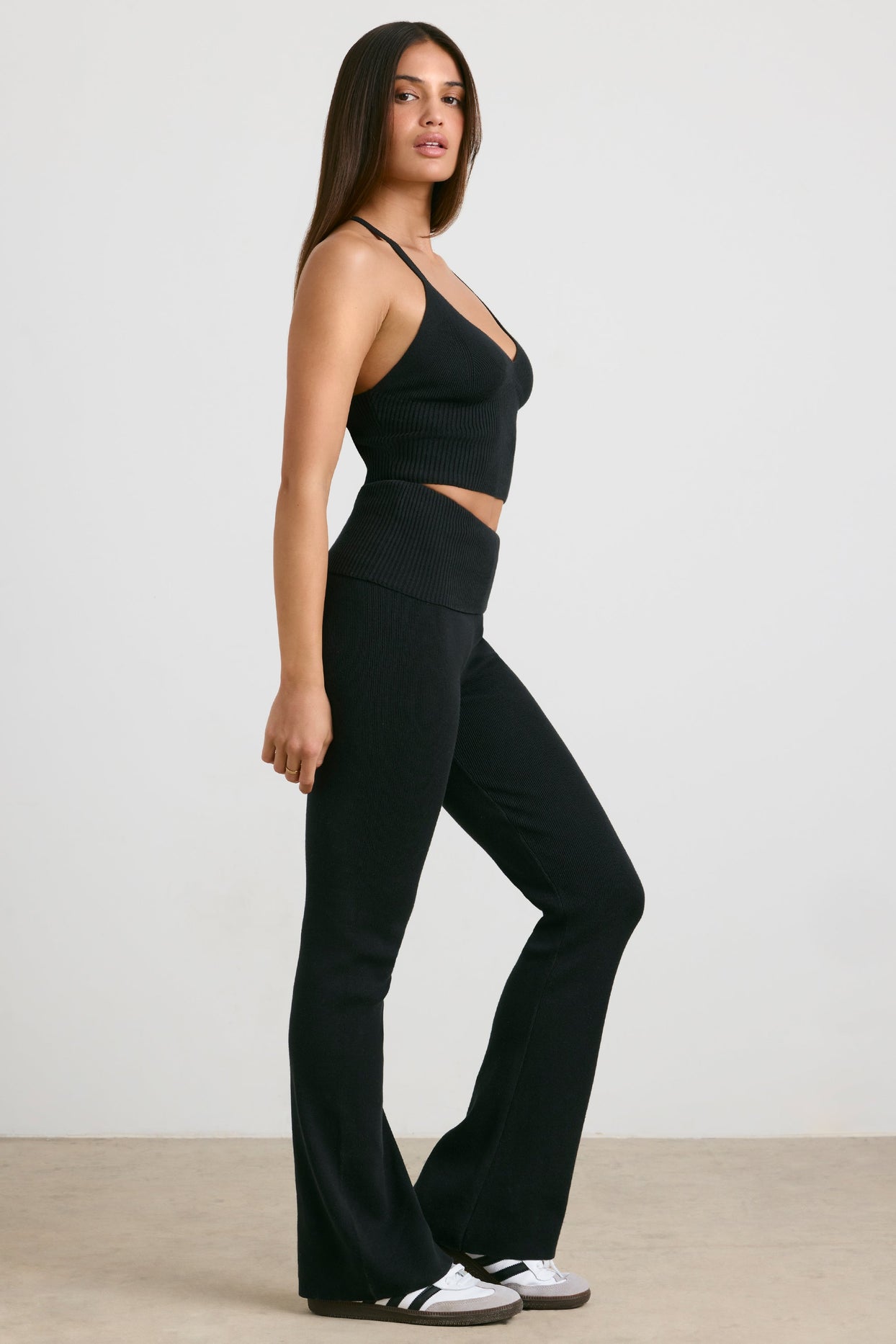 Petite Chunky Knit Kick Flare Trousers in Black