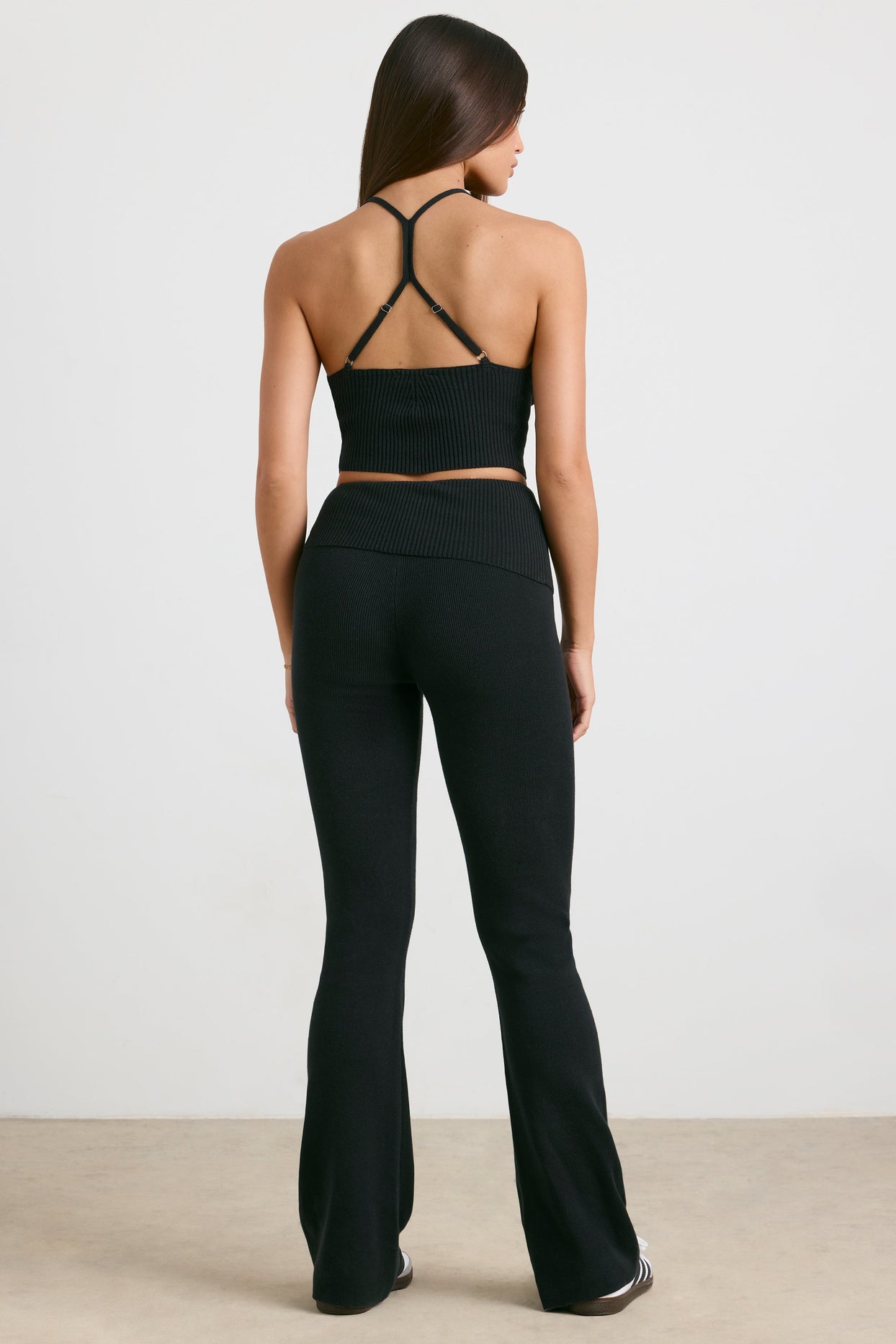 Petite Chunky Knit Kick Flare Trousers in Black