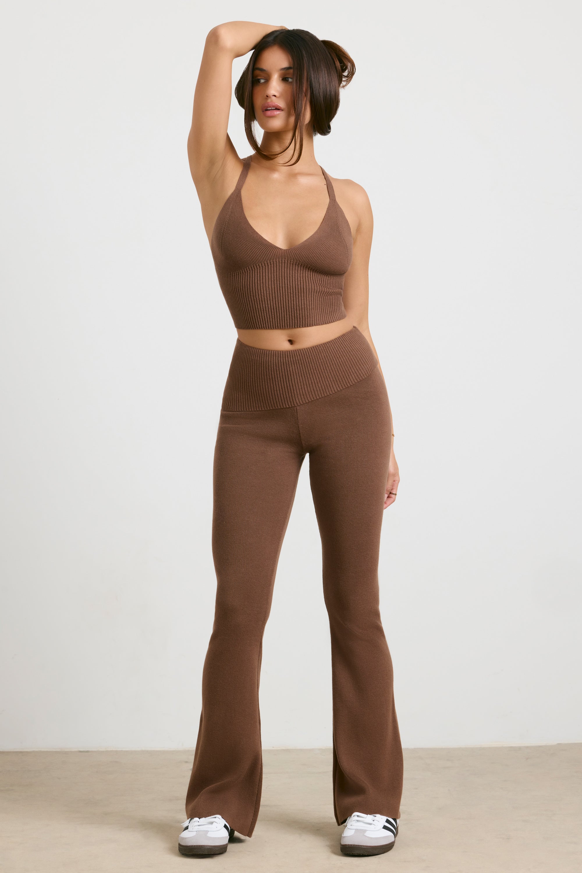 Chunky Knit Kick Flare Trousers in Espresso