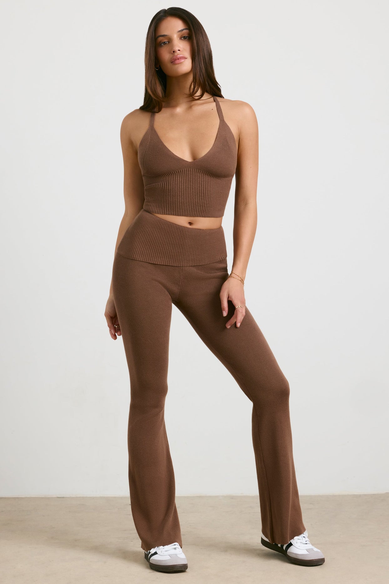 Chunky Knit Kick Flare Trousers in Espresso