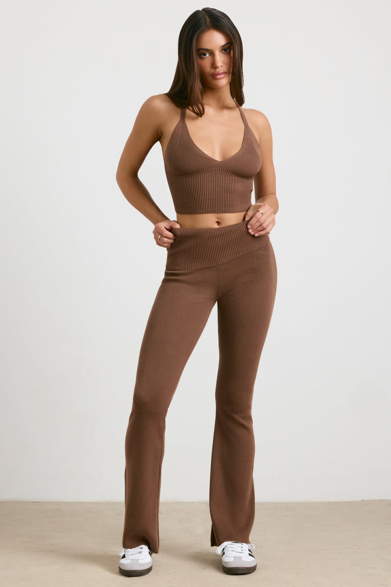 Petite Chunky Knit Kick Flare Trousers in Espresso