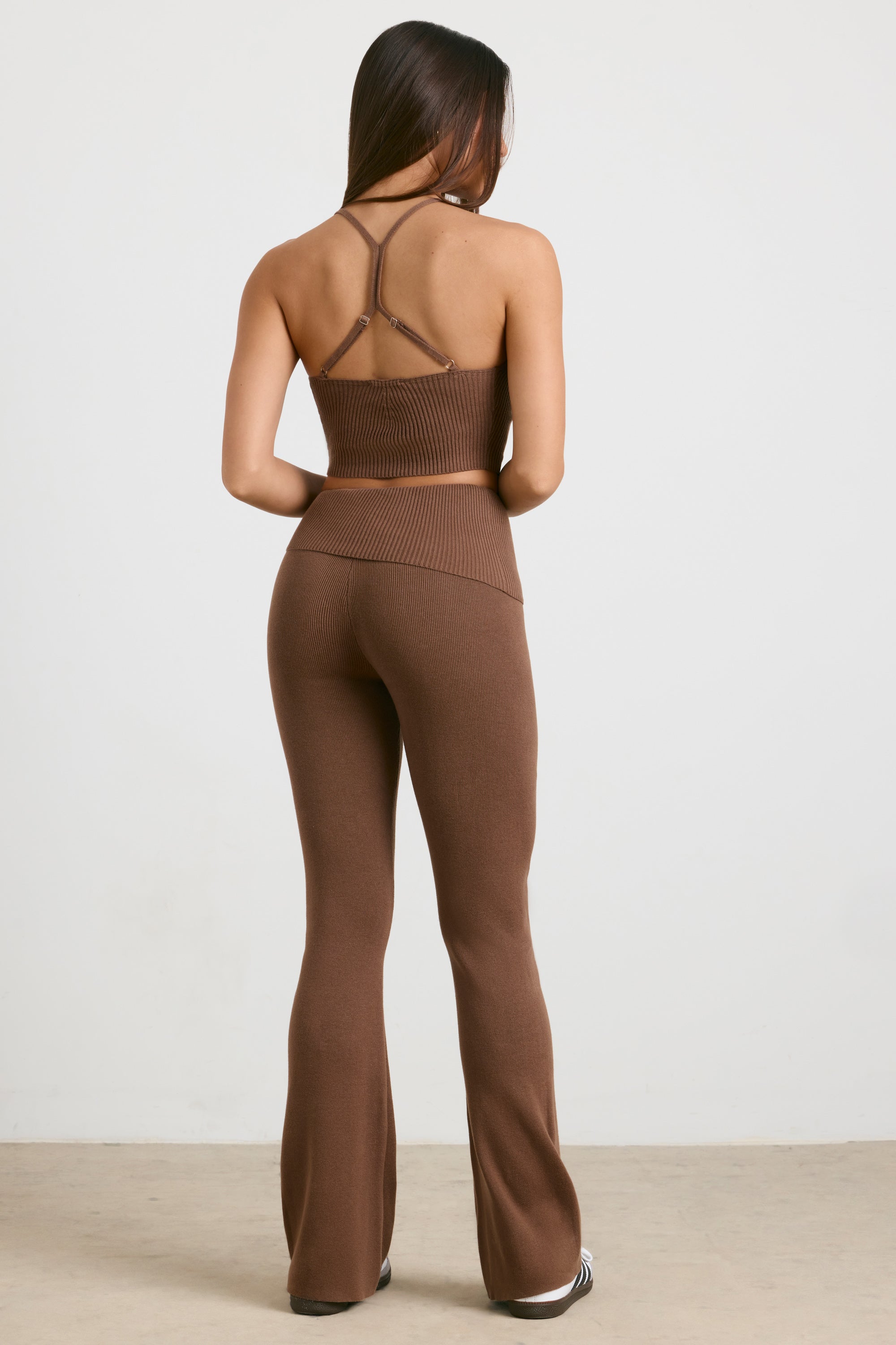 Petite Chunky Knit Kick Flare Trousers in Espresso