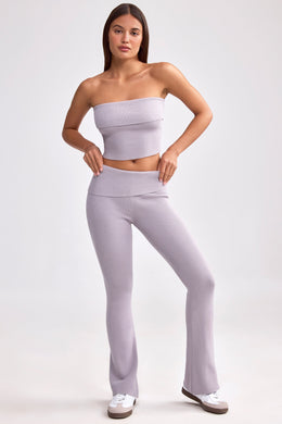 Petite Fold Over Kick Flare Chunky Knit Trousers in Dusty Lavender