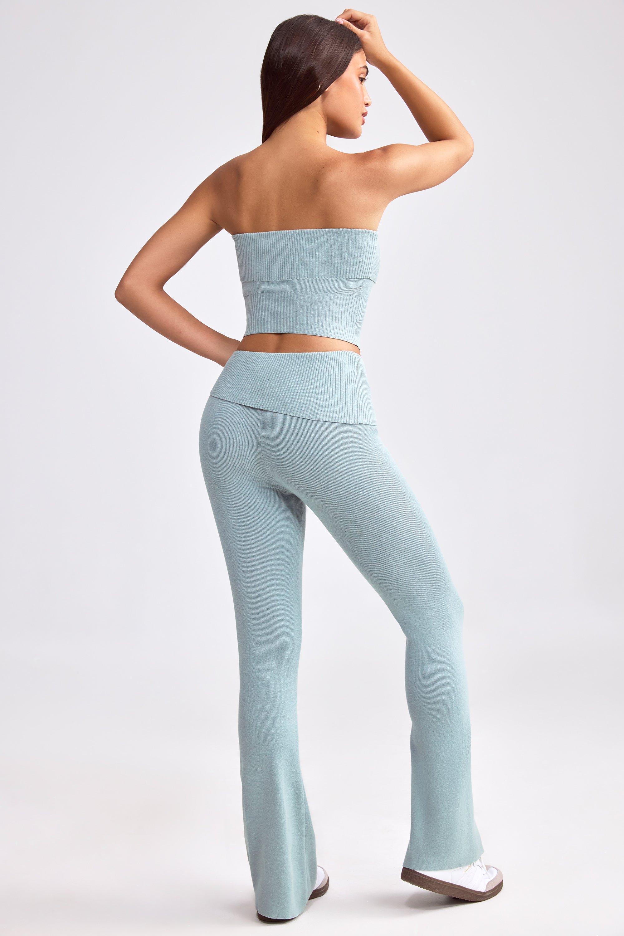 Petite Fold Over Kick Flare Chunky Knit Trousers in Dusty Teal