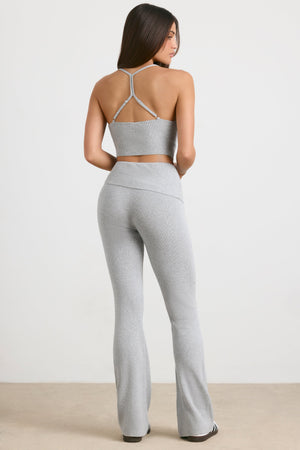 Chunky Knit Foldover Kick Flare Trousers in Grey Marl