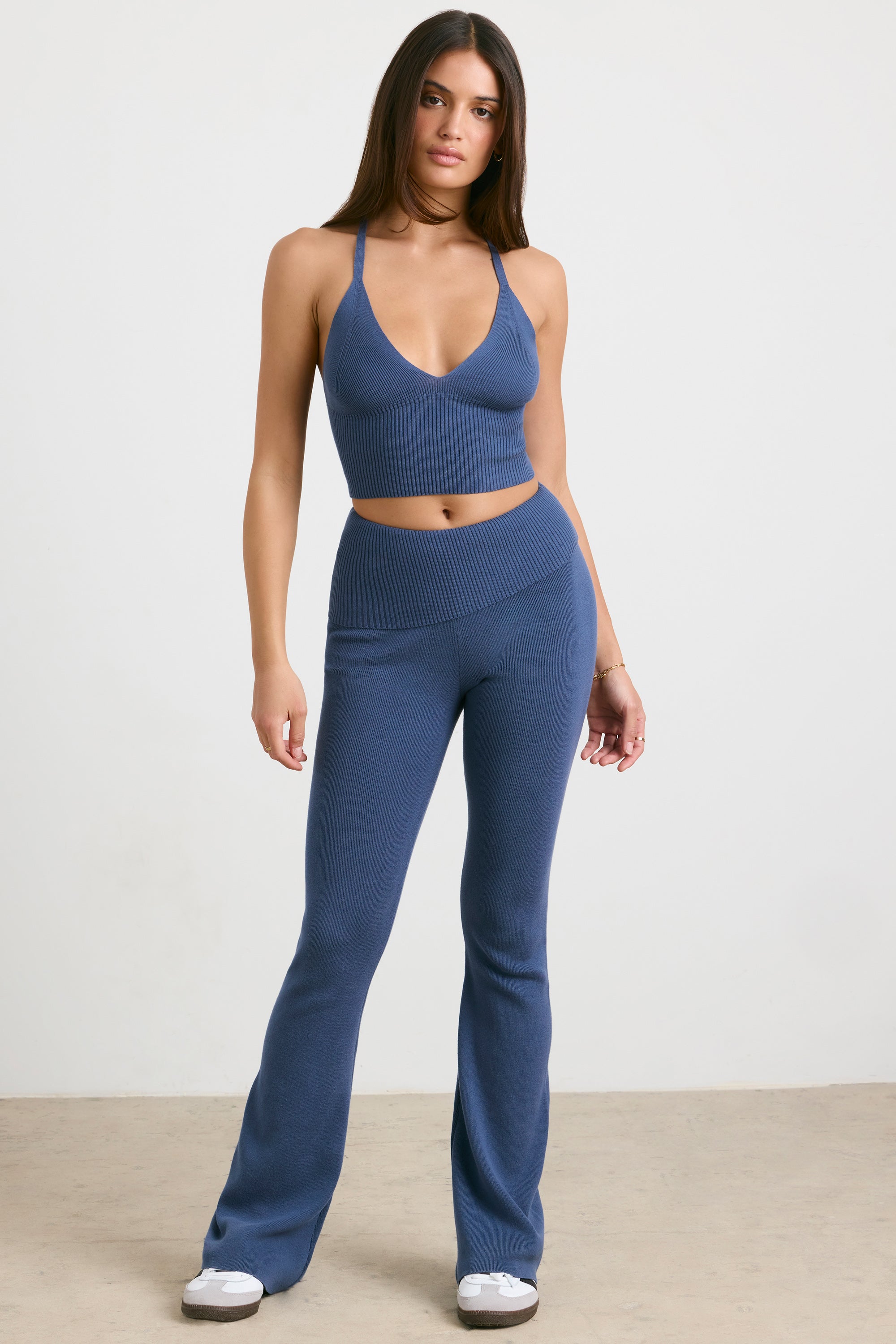 Chunky Knit Kick Flare Trousers in Washed Navy