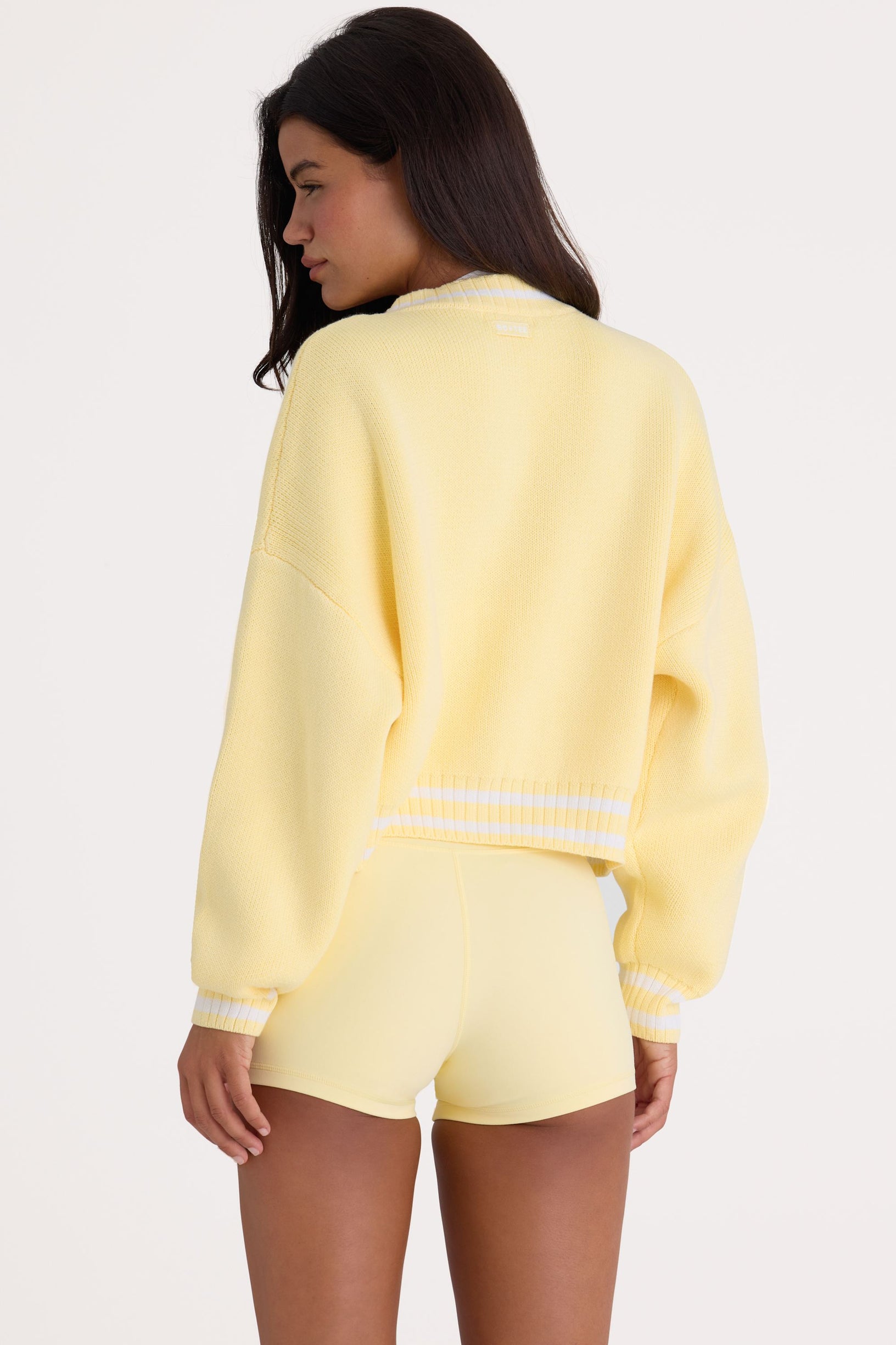 Button-Up Cropped Knit Cardigan in Soft Yellow - 2