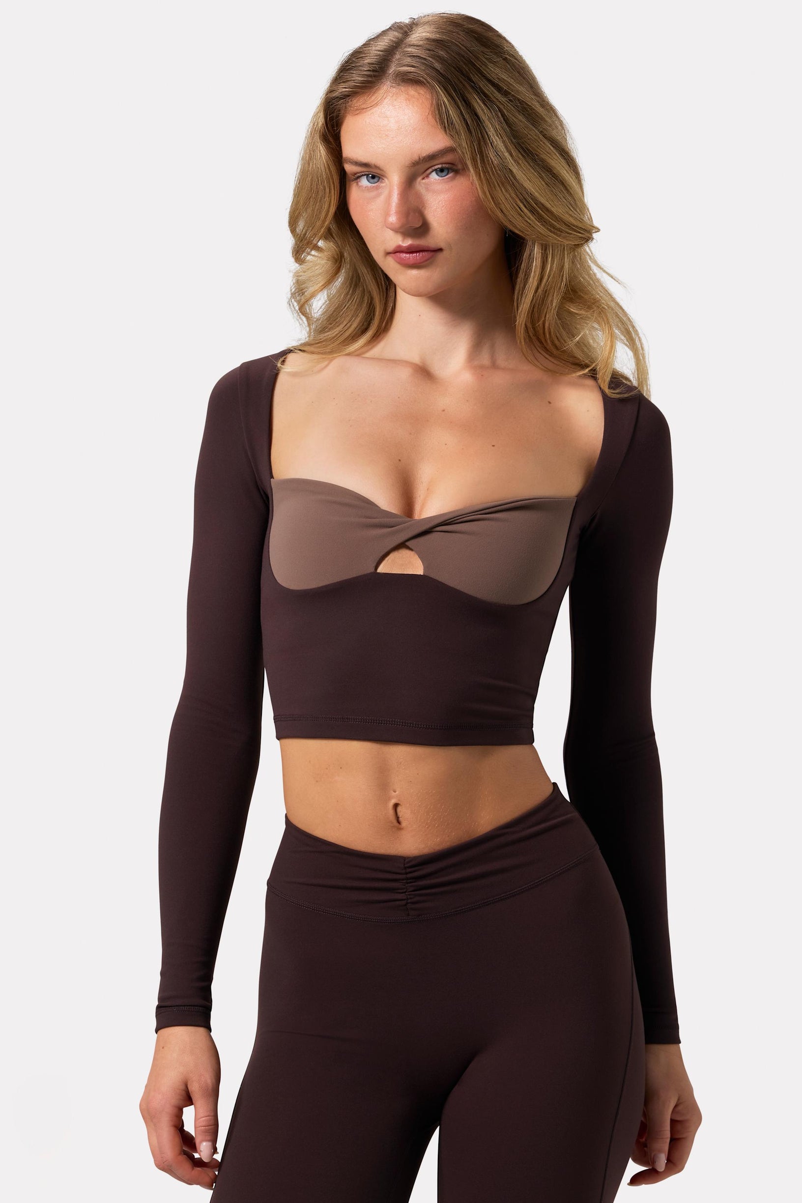 Soft Active Twist-Front Crop Top in Espresso - 1