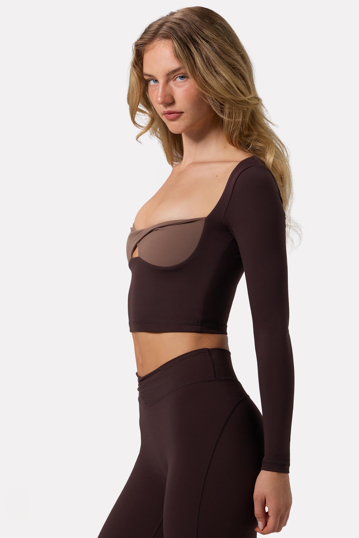 Soft Active Twist-Front Crop Top in Espresso - 3