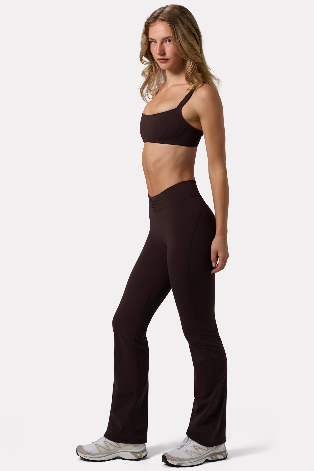 Soft Active Ruched Flared Trousers in Espresso - 3