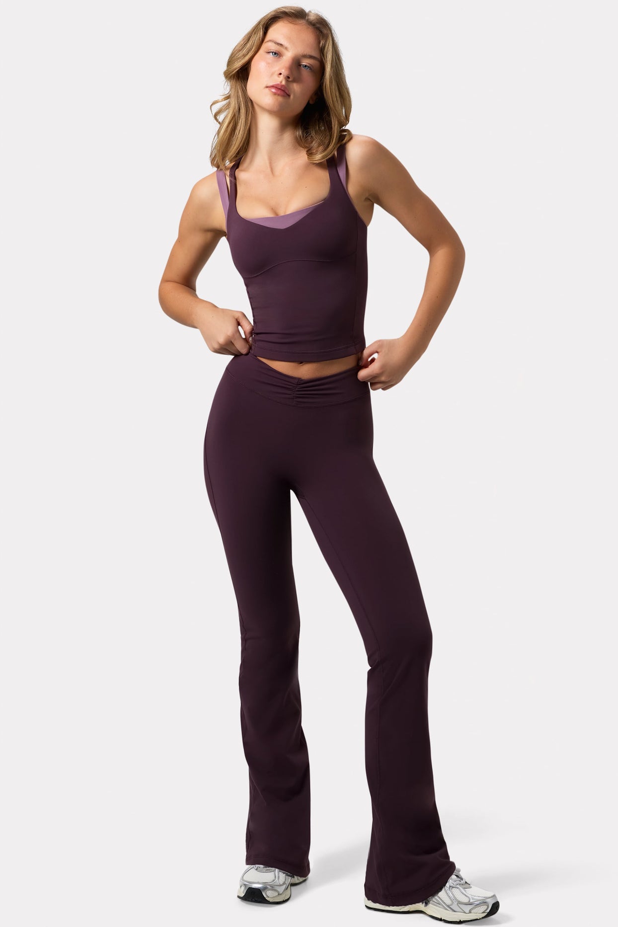 Soft Active Ruched Flared Trousers in Plum - 1